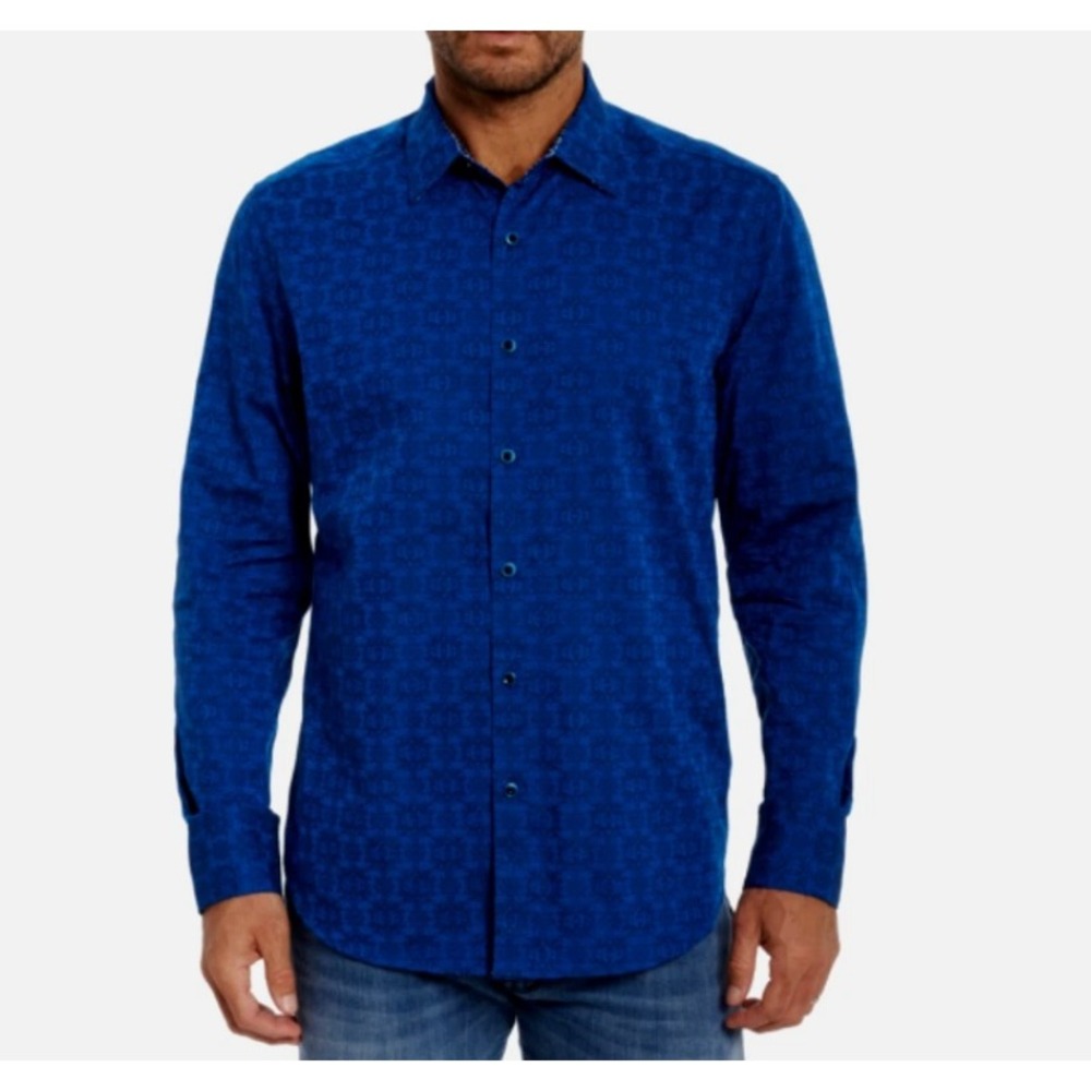NWT Robert Graham Cullen Button Front Shirt Classic Fit Damask Jacquard Navy 2XL